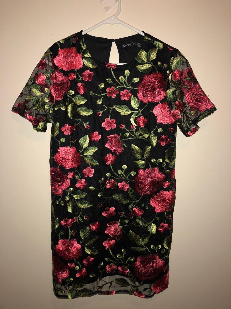 Boohoo Black Dress With Floral Embroidery Plus Size 10 Uk Women S