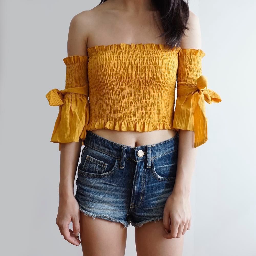 yellow and white off the shoulder top