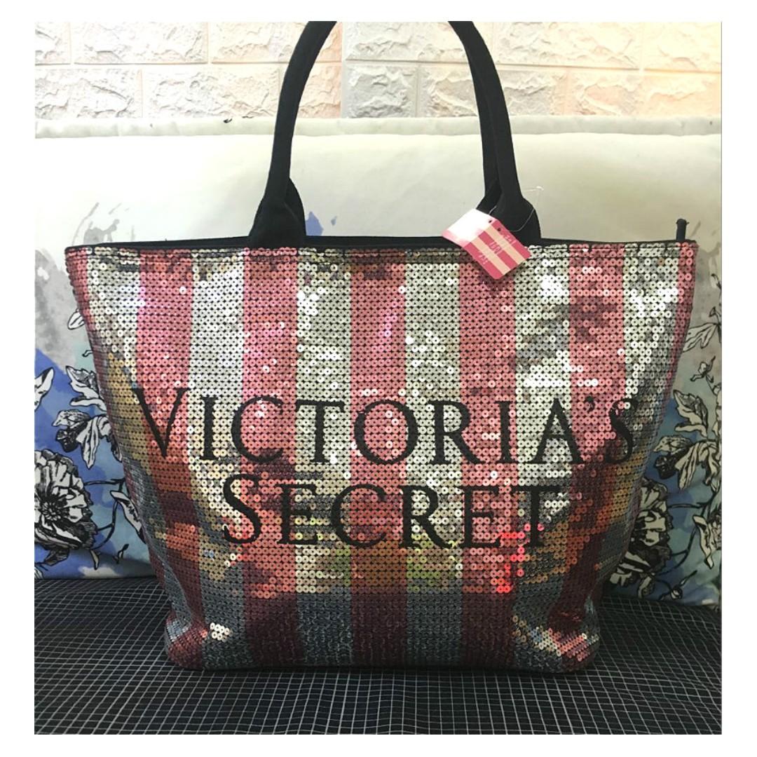 Victoria's Secret Bling Stripe Sequin Carryall Tote with Matching Wristlet