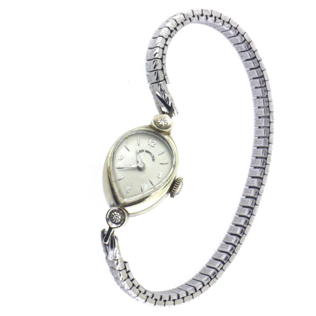 Lady Hamilton 14K White gold lady watch vintage 1930s stretchable metal stripe diamond watch A06