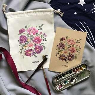 Pink floral drawstring bag