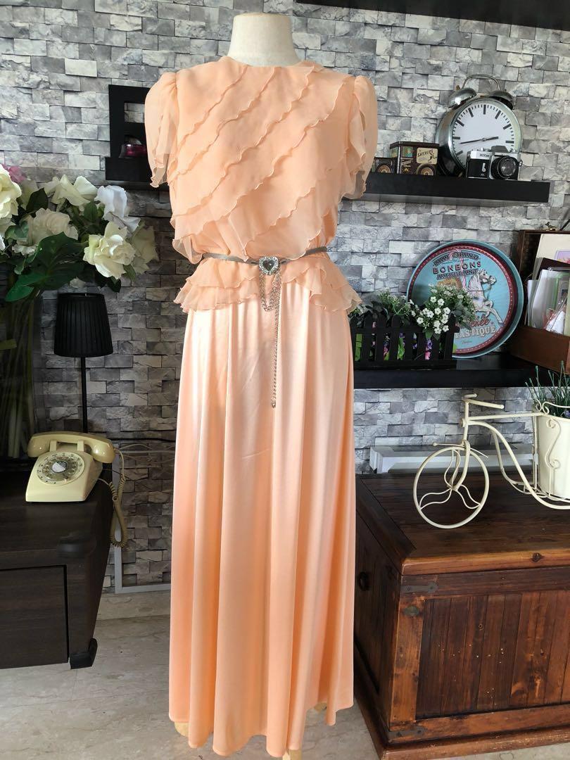 1970s does 30s peach chiffon and silky poly maxi vintage dress
