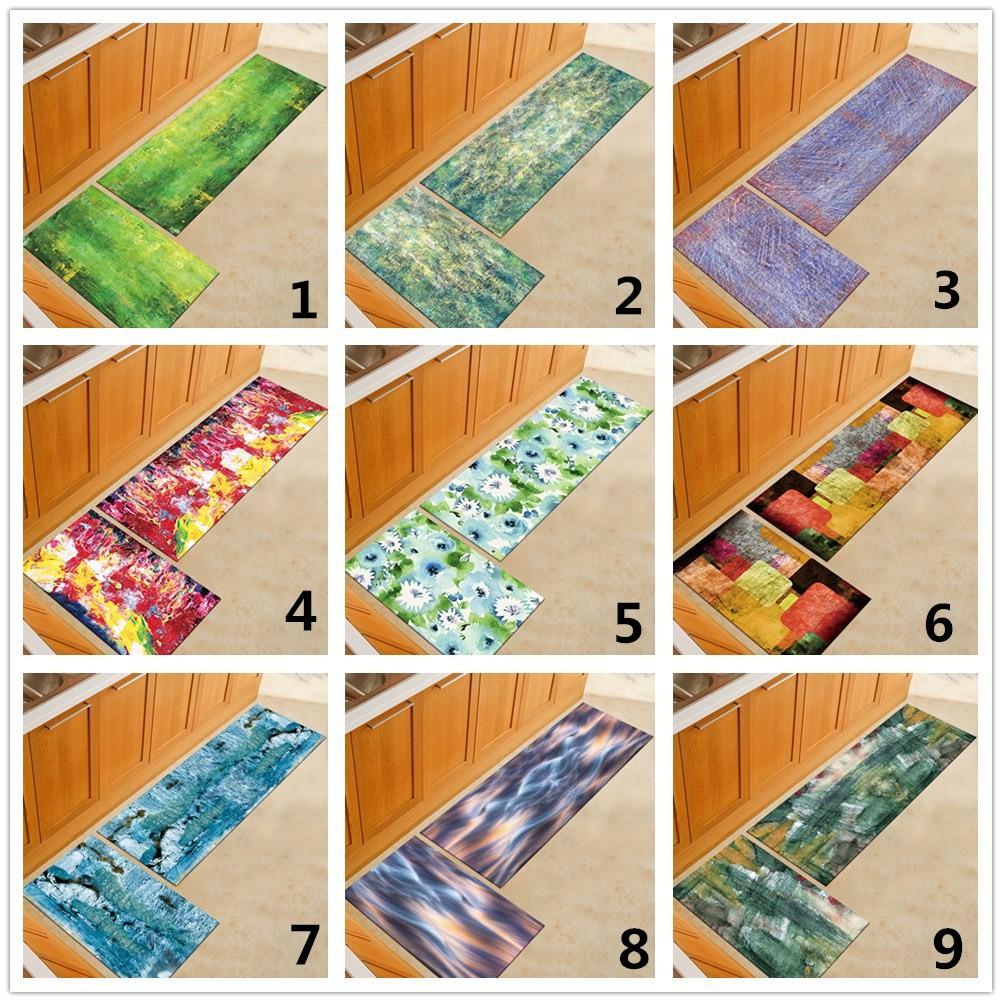 2pcs Watercolor Pattern Kitchen Mats Colorful Long Non Slip Area