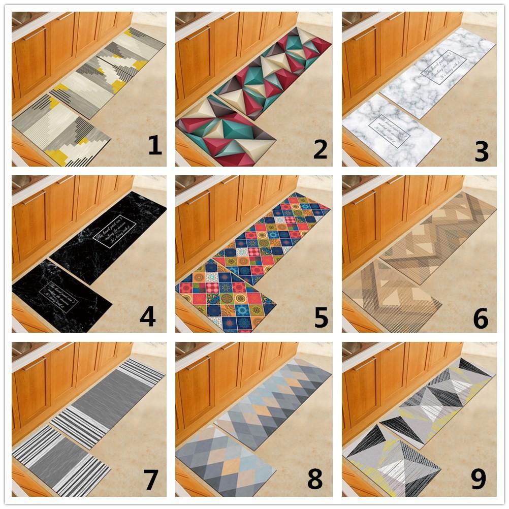 2pcs Set Geometric Pattern Kitchen Floor Mats Living Room Bathroom