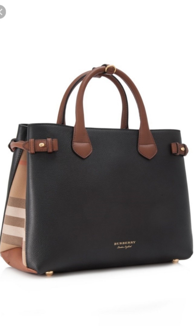 burberry house check derby leather medium banner tote