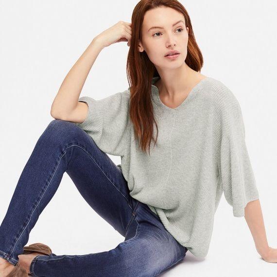 Uniqlo Ribbed Dolman V Neck 3 4 Sleeve Sweater