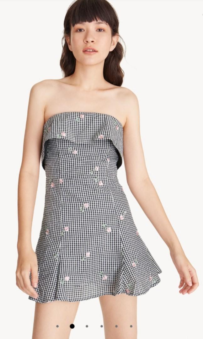 Gingham Embroidered strapless dress 