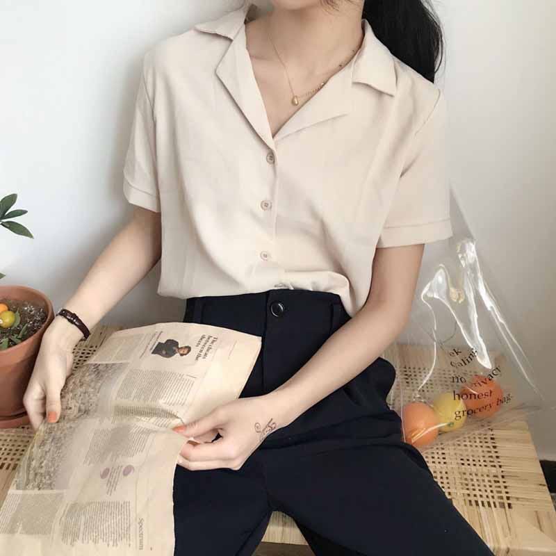 V Neck Collar Shirt Button Blouse Oatmeal Beige Short Sleeve Office
