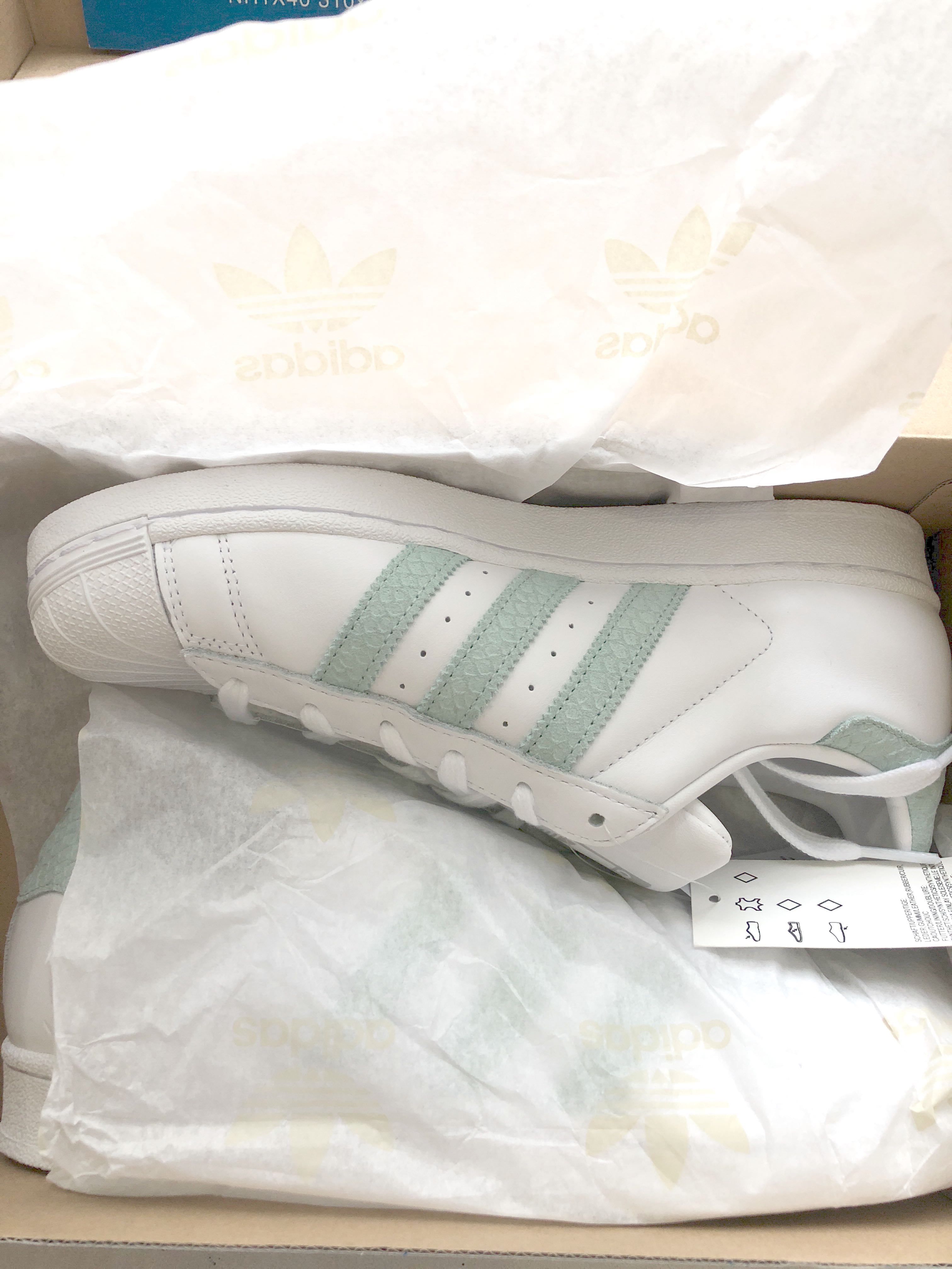 BNIB Adidas Superstar White /ash green US size 8, Women's Fashion, Shoes,  Sneakers on Carousell