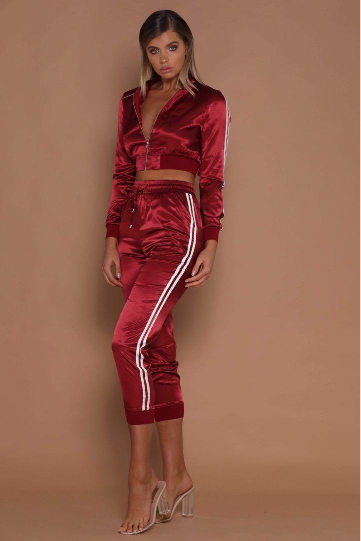 red satin tracksuit