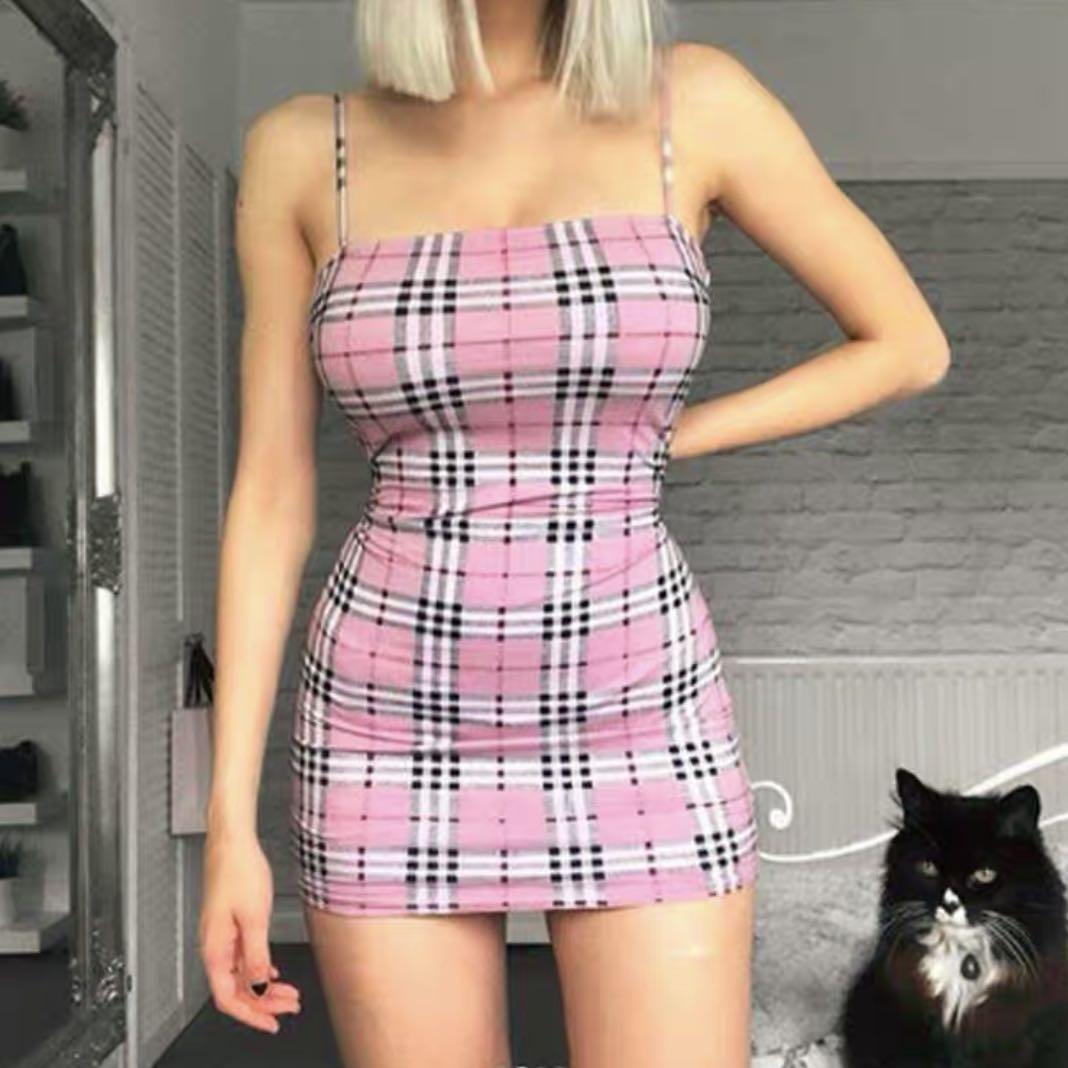 pink plaid bodycon dress