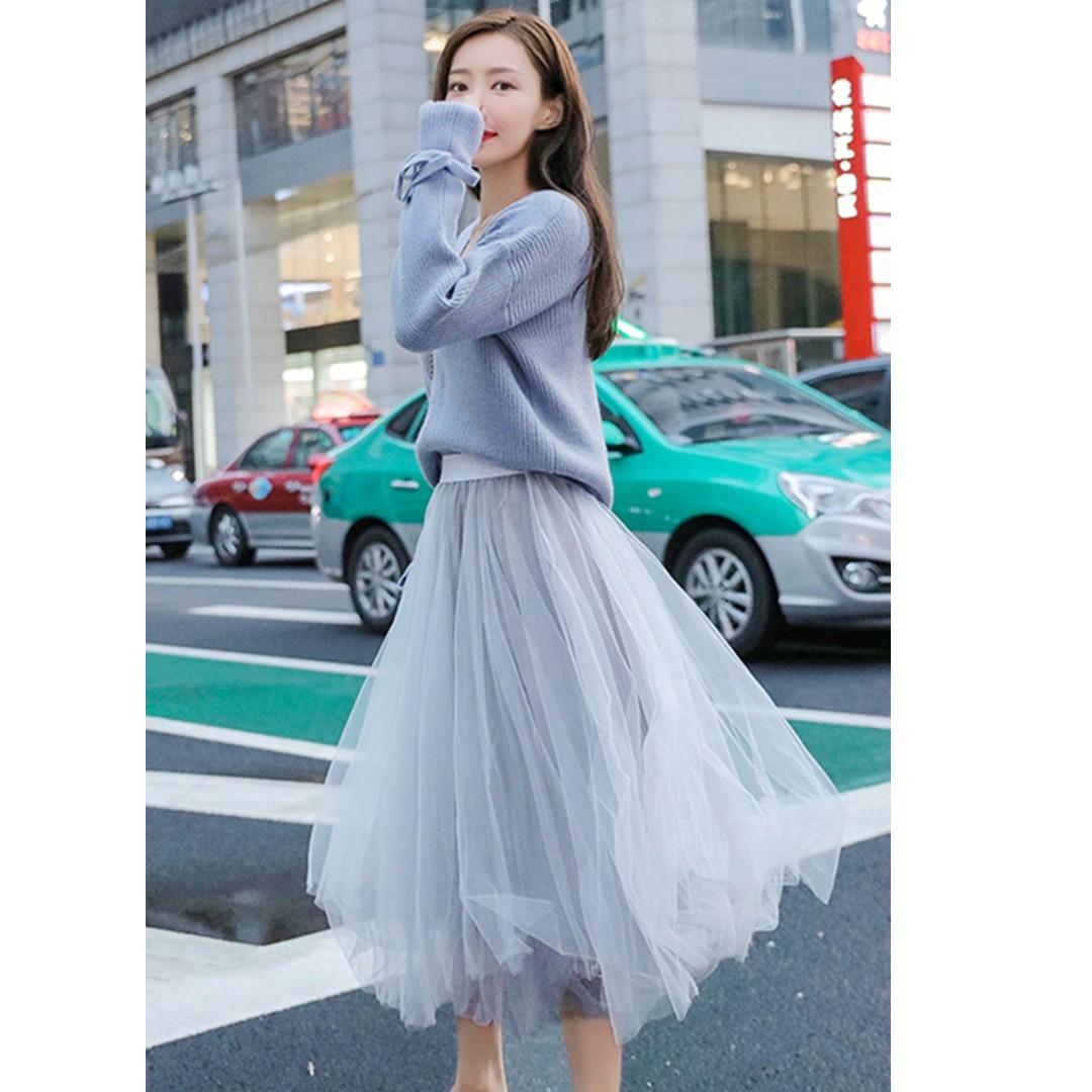 BN Korean Style Knitted Long Sleeve and Tulle Organza Mesh Skirt