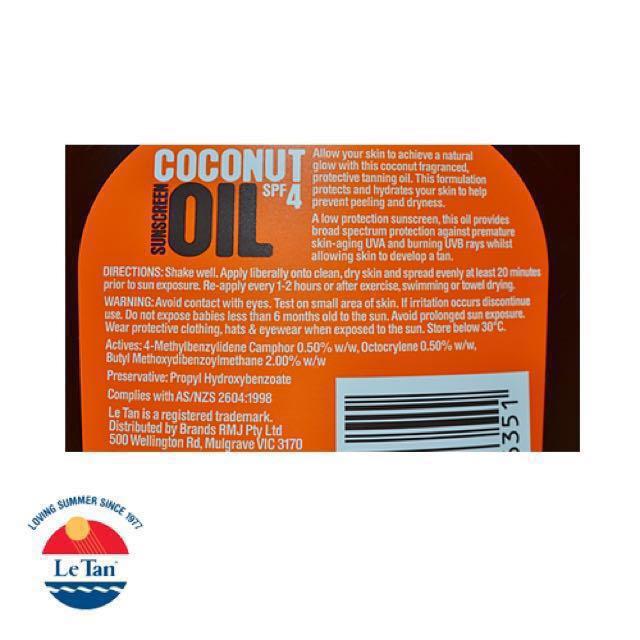 [No.1 in AUS!] Le Tan Coconut Sunscreen Sunblock Sun Tanning Oil SPF4 125ml, Health & Beauty
