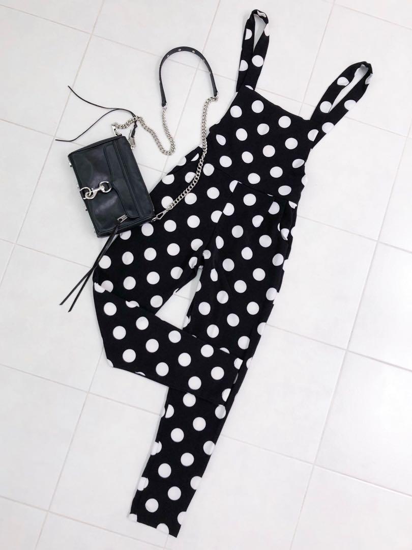 black and white polka dot overalls