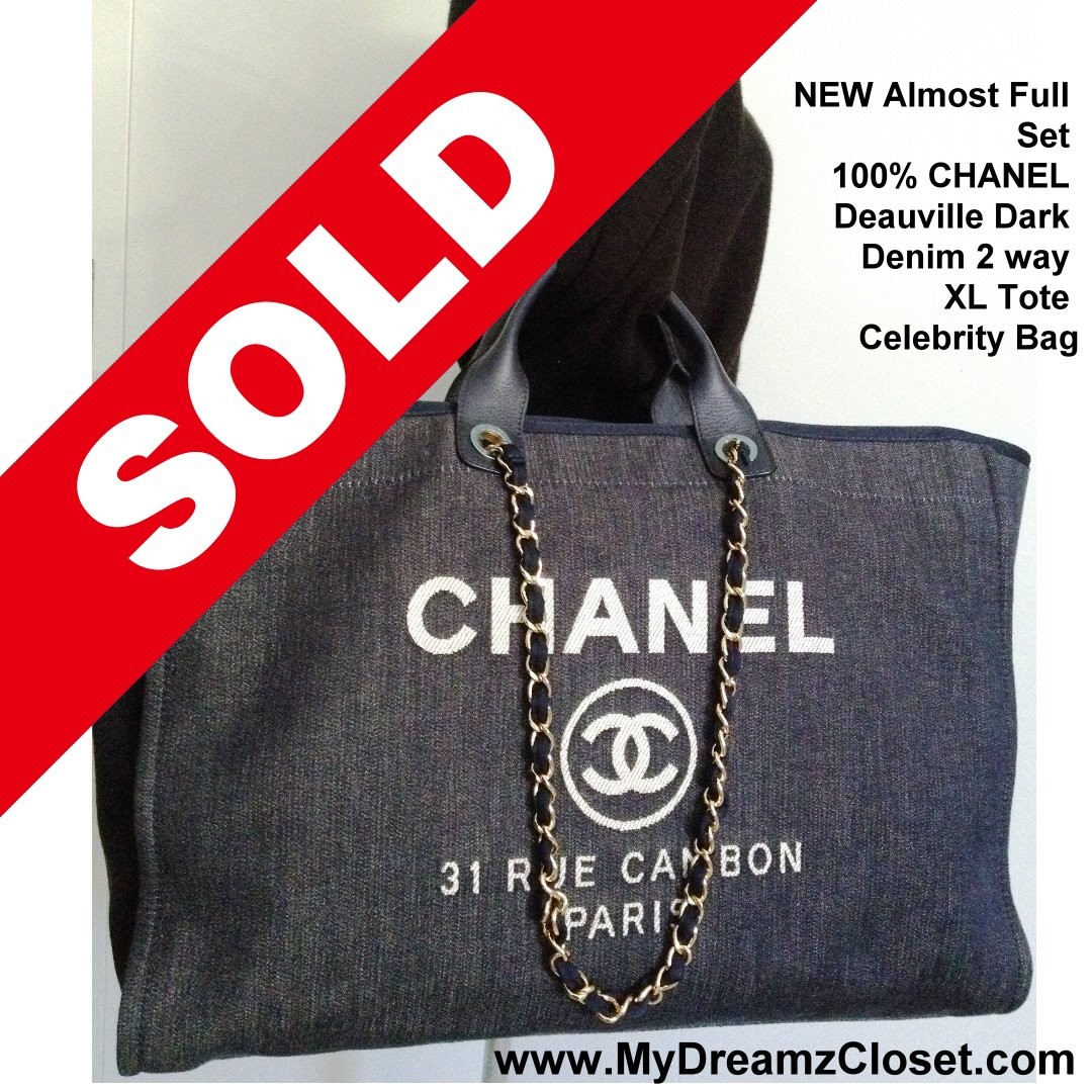 SOLD - NEW Almost Full Set 100% CHANEL Deauville Dark Blue Denim 2 way  Chain Large Shopping Tote Bag