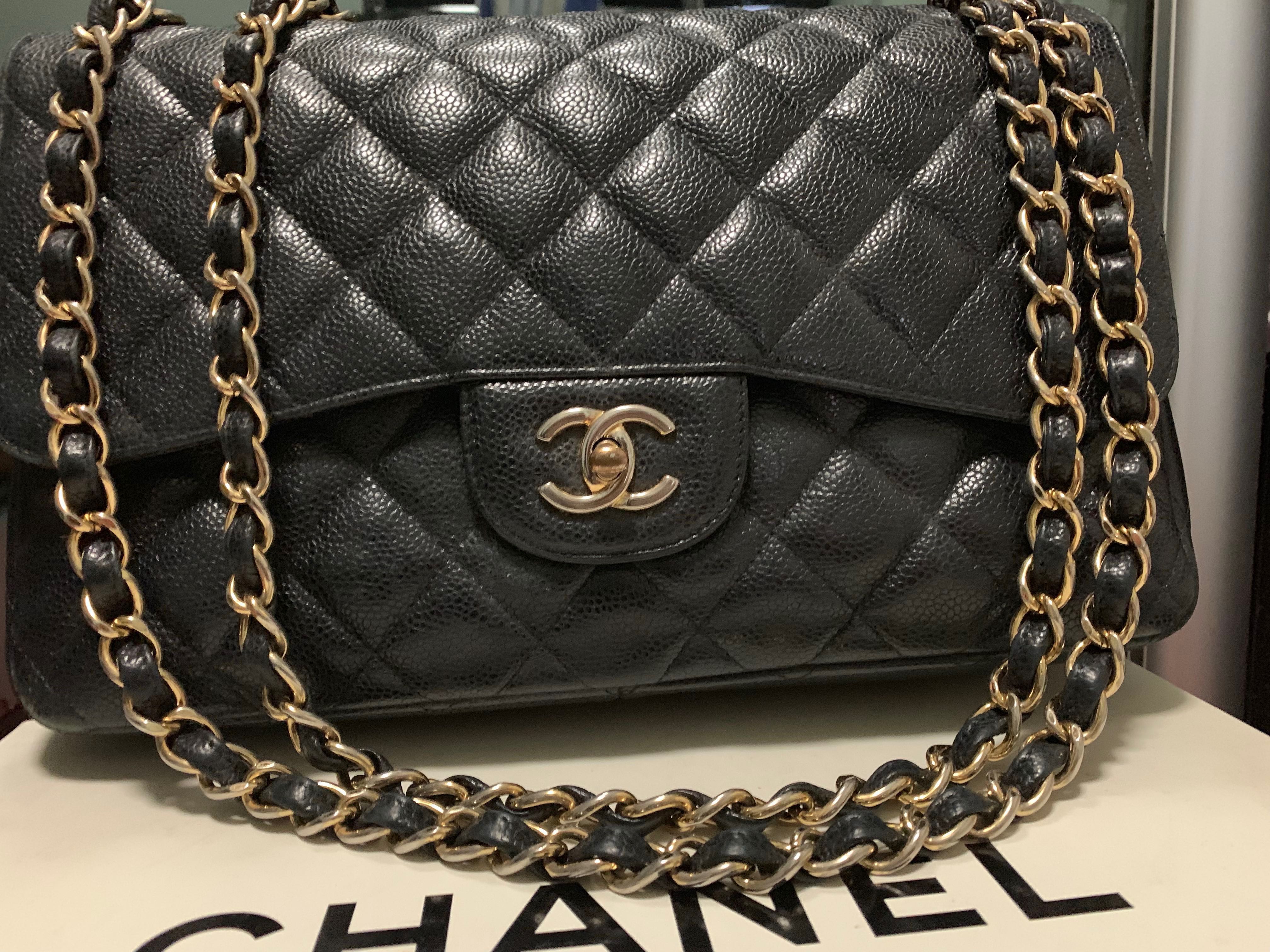 Chanel Jumbo Classic Double Flap Bag White Caviar Light Gold Hardware   Madison Avenue Couture