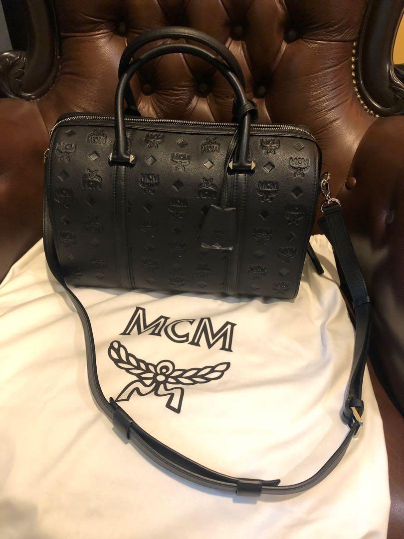 Medium Boston Bag in Monogram Leather Black