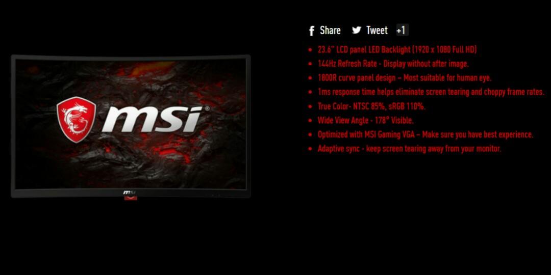 MSI OPTIX G24C 24" 1ms 144hz Monitor Freesync DEMO SET 3y Local
