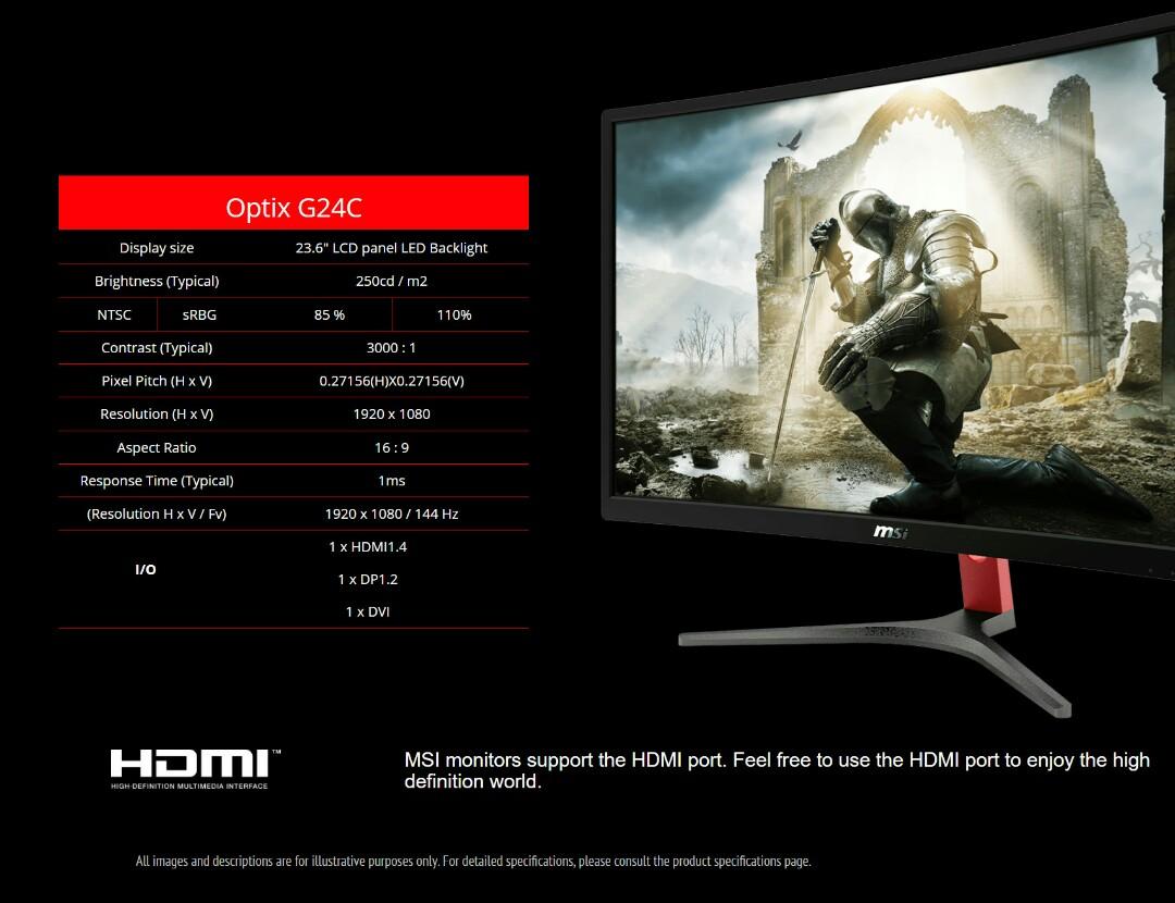 MSI OPTIX G24C 24" 1ms 144hz Monitor Freesync DEMO SET 3y Local