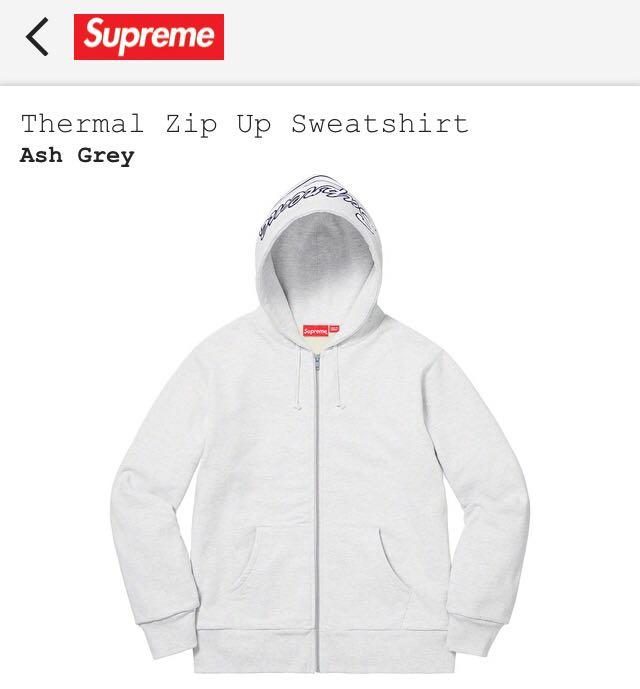 Supreme Thermal zip up hooded sweatshirt ash grey, 男裝, 外套及