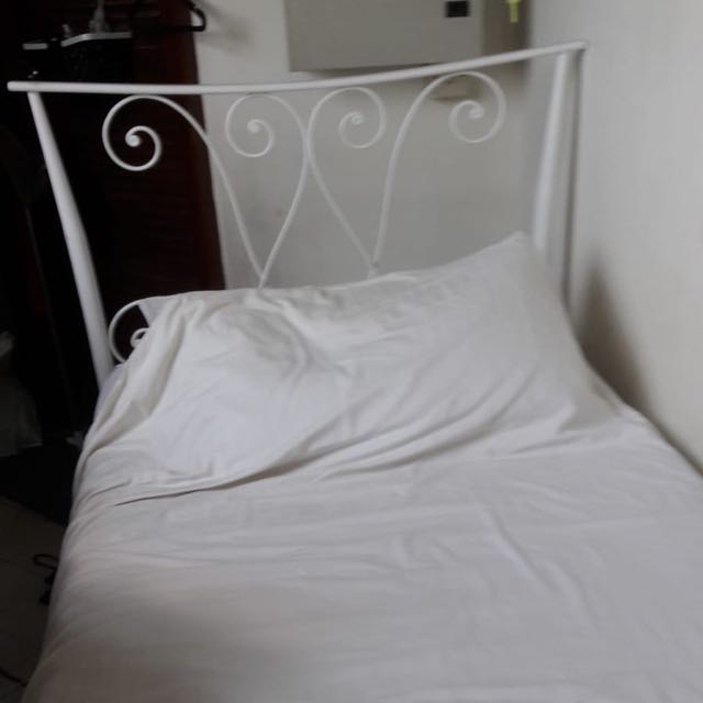 White wrought iron single bed frame and mattress, Furniture & Home