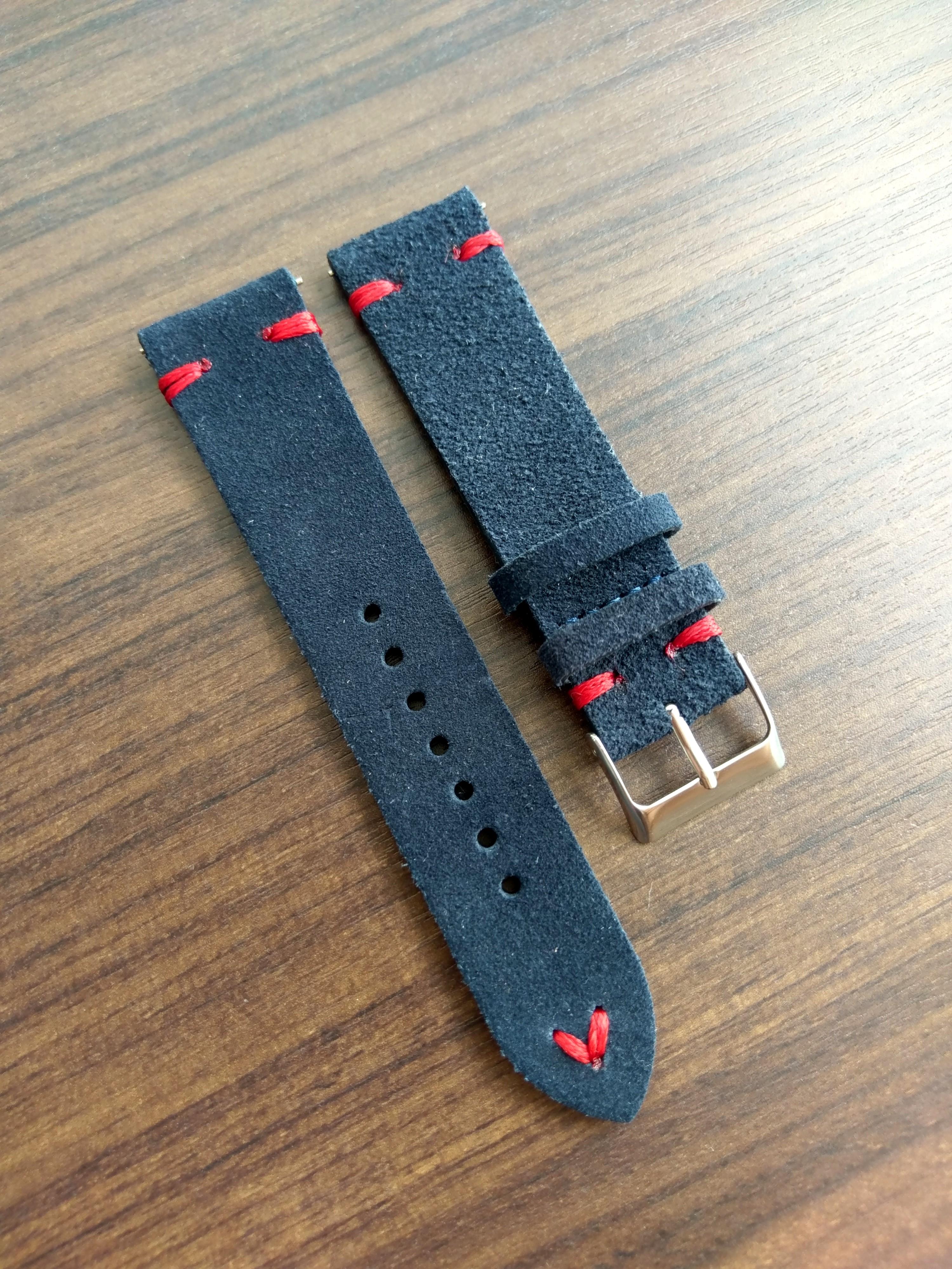 Blue watch strap with red stitching clearance