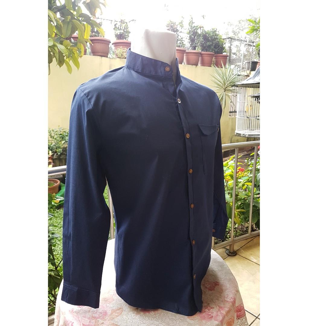 Baju Koko Muslim Lengan Panjang Biru Dongker Fesyen Pria Pakaian Atasan Di Carousell