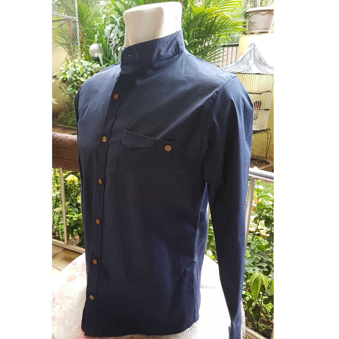 Baju Koko Muslim Lengan Panjang Biru Dongker Fesyen Pria Pakaian Atasan Di Carousell