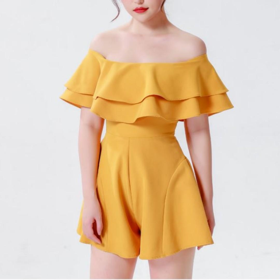 yellow off shoulder romper