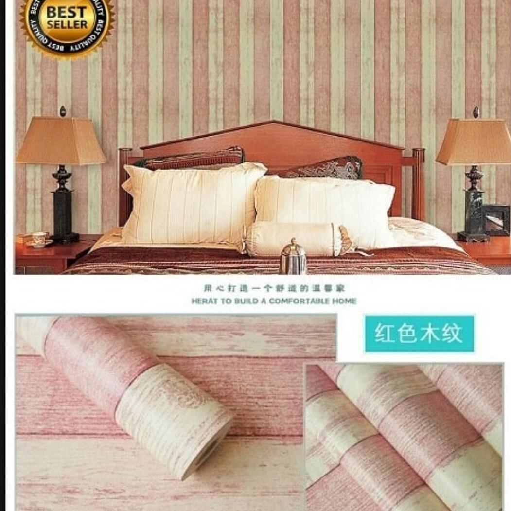Wallpaper Stiker Dinding Motif Papan Kayu Merah Muda Perabotan Rumah Di Carousell