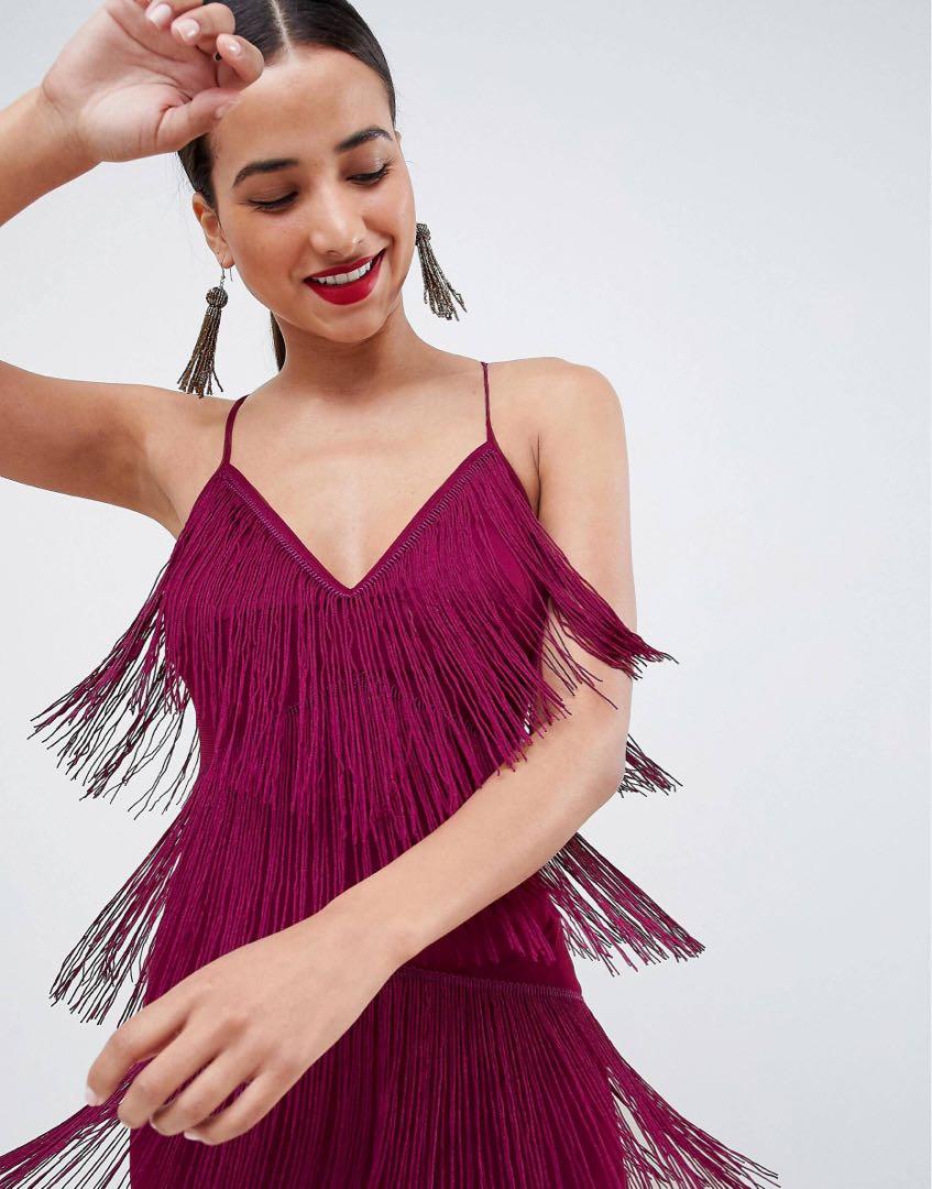 ASOS fringe mesh strappy midi bodycon dress Women s Fashion Dresses Sets Dresses on Carousell