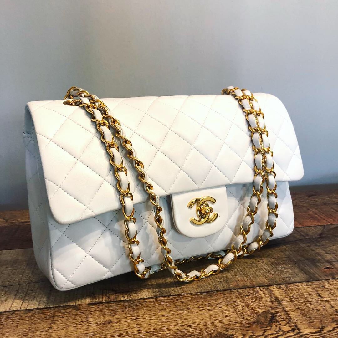 Authentic Chanel Classic White Double Flap Bag with 24k Gold