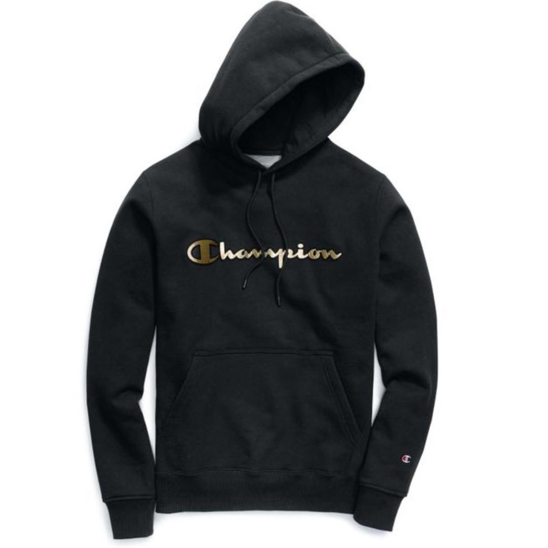 In Stock Champion Gold Script Hoodie Black Gold