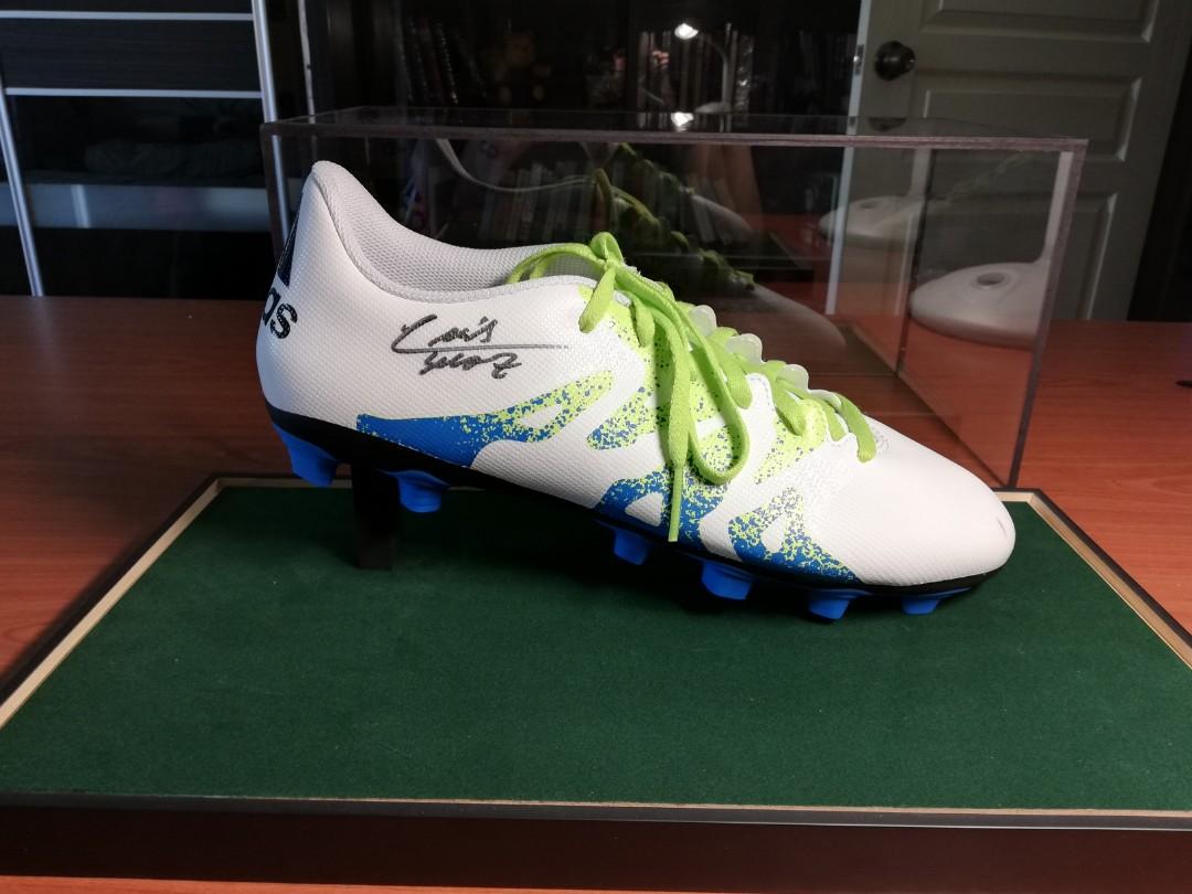 Limited Luis Suarez Signed White and Blue Adidas in Acrylic Case
