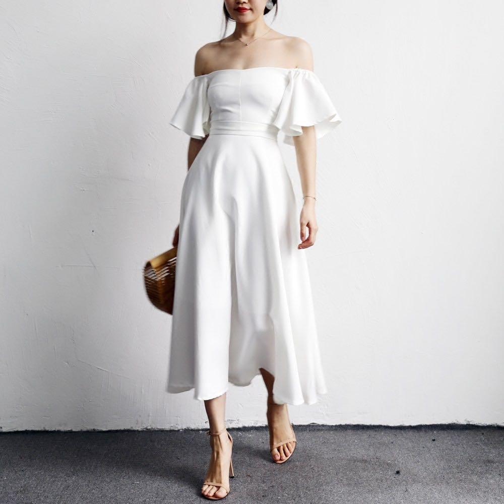 Off the shoulder flutter sleeve dress sale