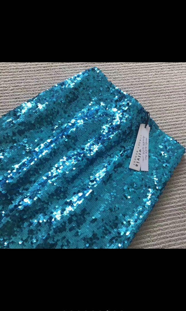 BNWT Authentic Alice and Olivia Sequin Skirt Turquoise Gold