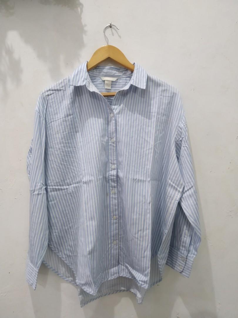 Hnm H M Kemeja Garis Biru Putih Fesyen Wanita Pakaian Wanita Atasan Di Carousell