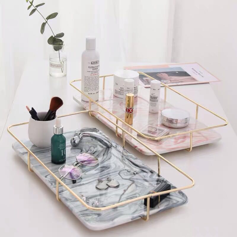 Marble Tray With Gold Handle Makeup Organizer Home Appliances