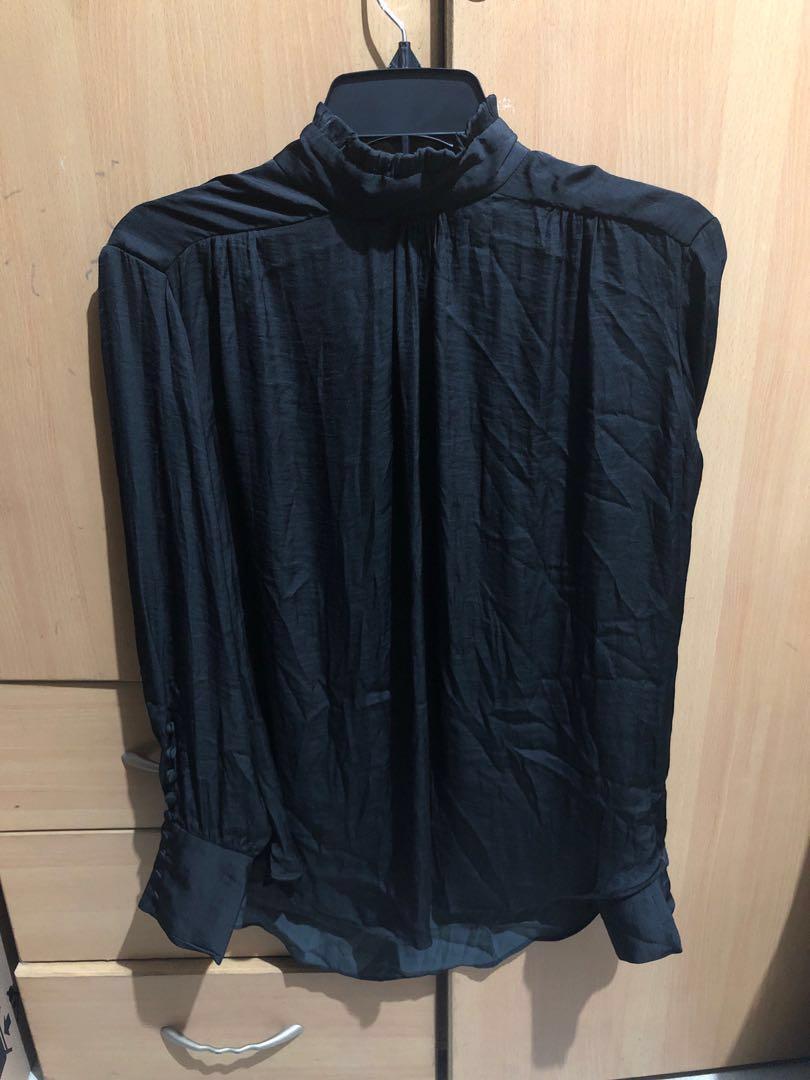 Black High Neck Satin Top With Lace Hem