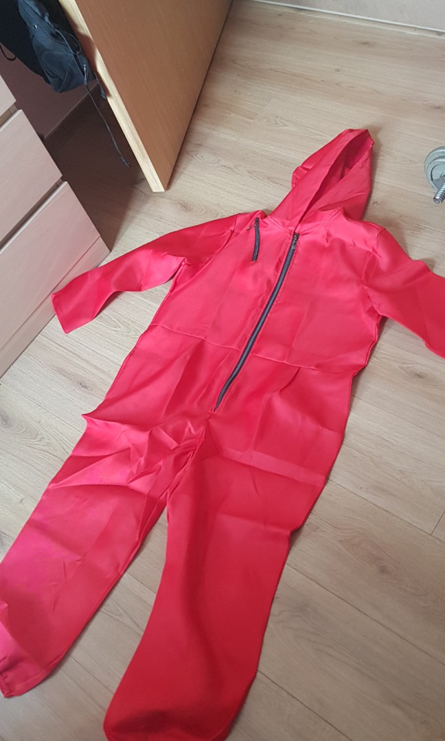 red jumpsuit with hood