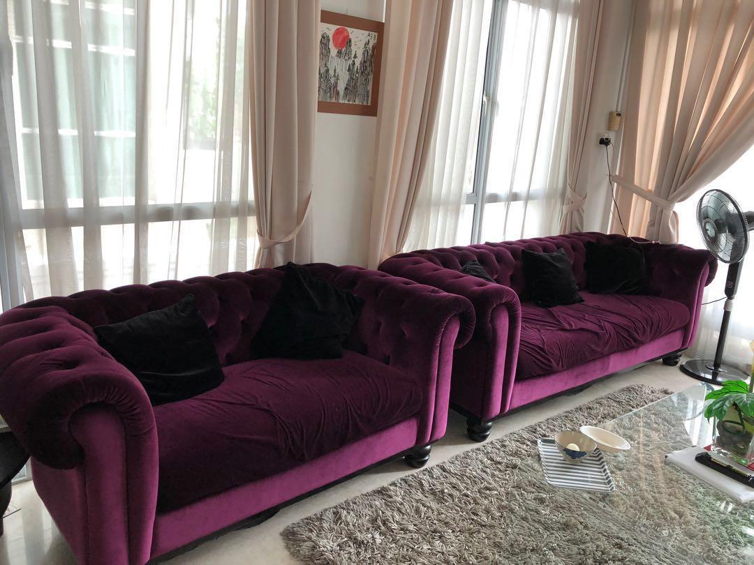 Velvet Purple Sofa 3 2 Furniture Sofas On Carousell