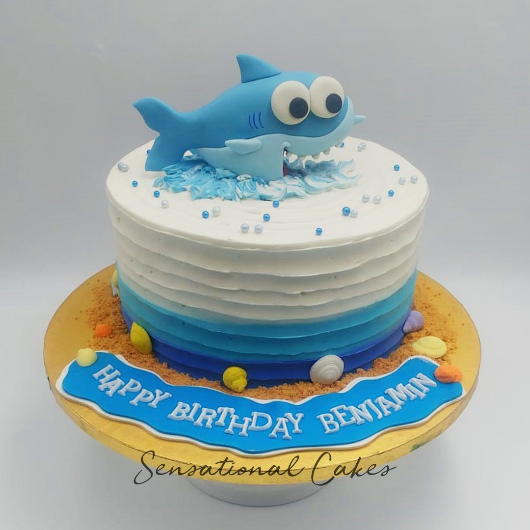 Cute Hungry Baby Shark 3d Suar Topper Ombre Rustic Blue Theme