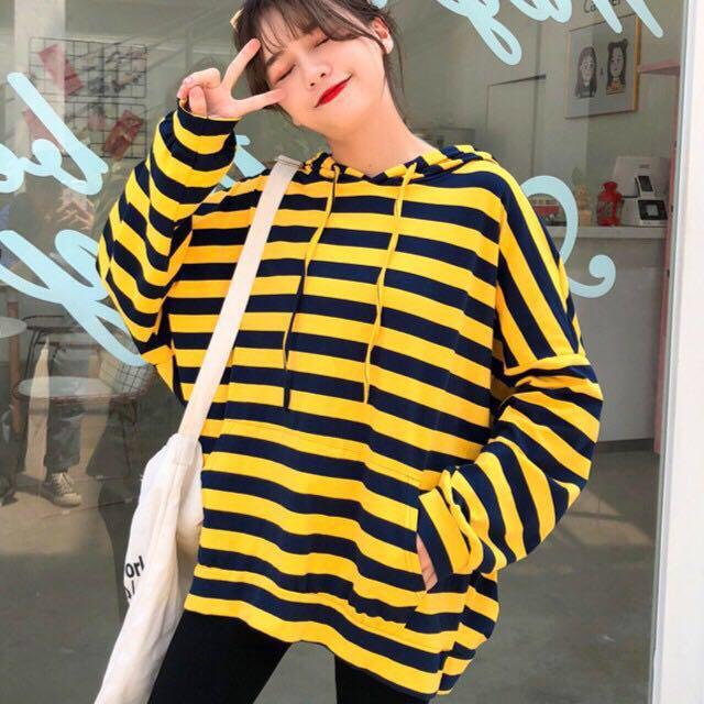 READY STOCK yellow dark blue stripes hoodie harajuku ulzzang korean hipster japanese kawaii style