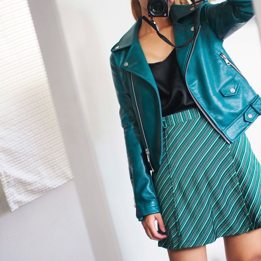 teal faux leather jacket
