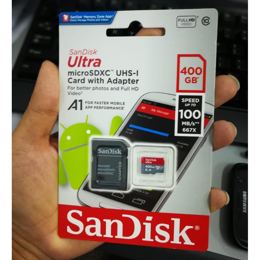 SanDisk 400GB Ultra microSDXC UHS-I Memory Card with Adapter - 100MB/s,  C10, U1, Full HD, A1, Micro SD Card, Computers & Tech, Parts & Accessories,  Hard Disks & Thumbdrives on Carousell