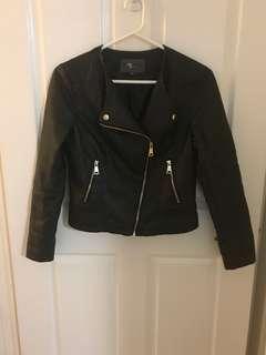 PU leather biker collarless jacket sz10