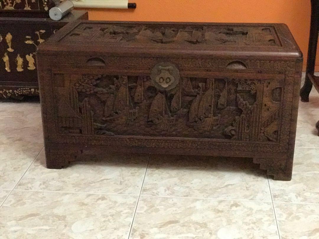 Antique Chinese Carved Camphor Wood Chest Box Vintage Antique Chinese Carved Camphor Wood Chest Box Vintage