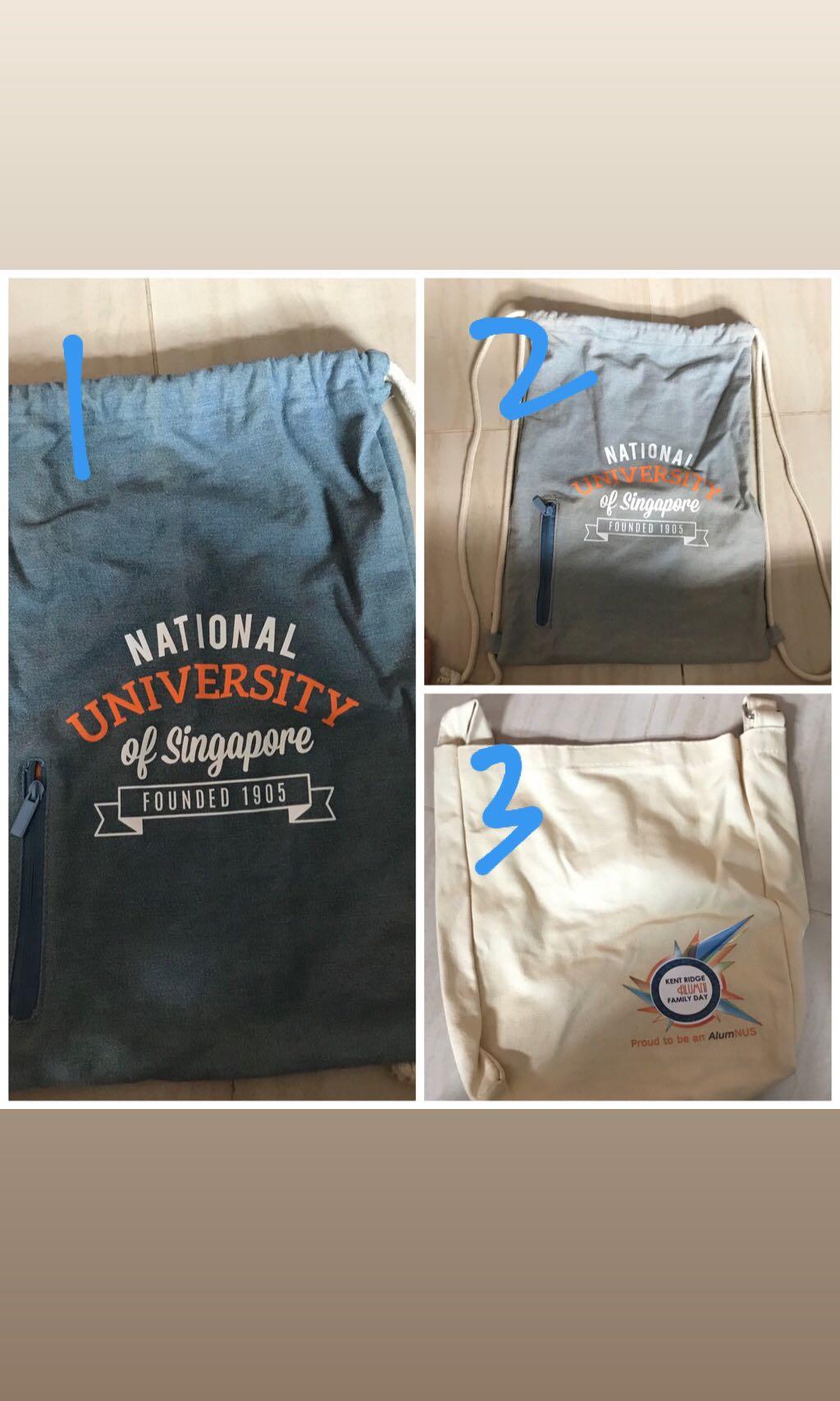 Drawstring Bag (Category: Sling Bags) located in Singapore. Submitted by fastandcheap (Listing ID 206614463, Image 1). Description: All brand new non-nego 1. NUS blue 2. NUS grey 3. Kent ridge alumni family day SLING BAG Self collection only.