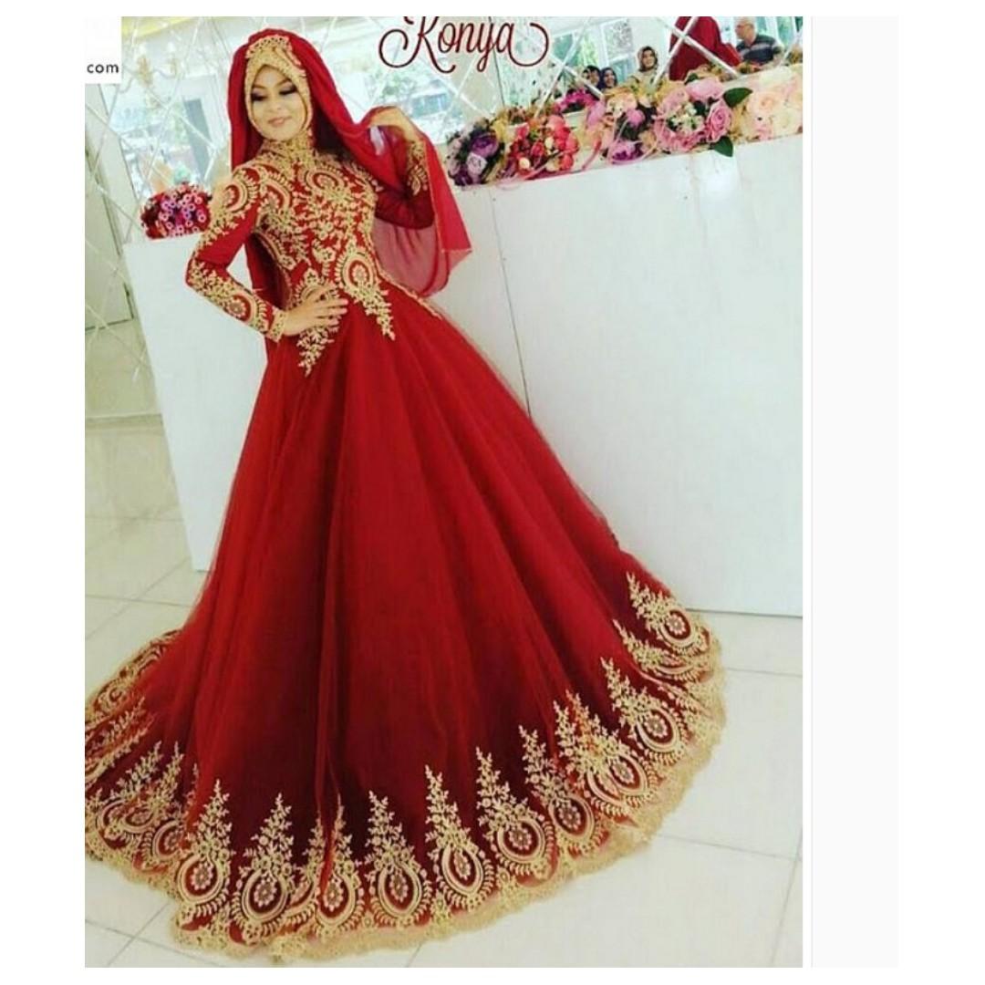 pre order Muslimah red gold long sleeve wedding bridal gown dinner prom  dress RBMWD0240, Women's Fashion, Dresses & Sets, Evening Dresses & Gowns  on Carousell