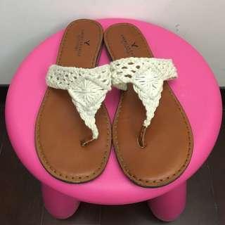 🛒清倉特價🛒 American Eagle Outfitters 白色蕾絲＋皮底  夾腳人字拖 US 8 